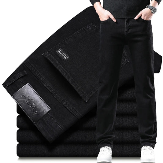 Men’s Pure Black Straight Fit Jeans – Classic Elastic Denim Business Trousers - Style Heaven