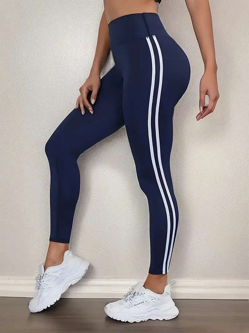 High-Waisted Athletic Leggings with White Stripe – Stretchable Sports Yoga Pants for Running & Casual Wear Style Heaven