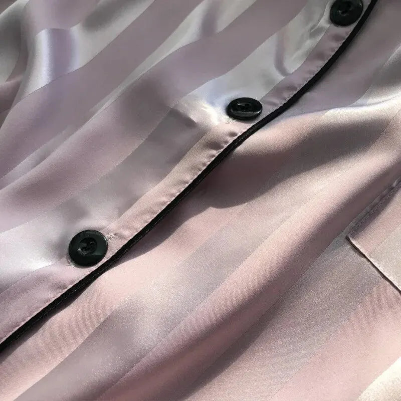 Elegant Satin Striped Pajama Set – Plus Size Button-Up Lounge Wear Style Heaven