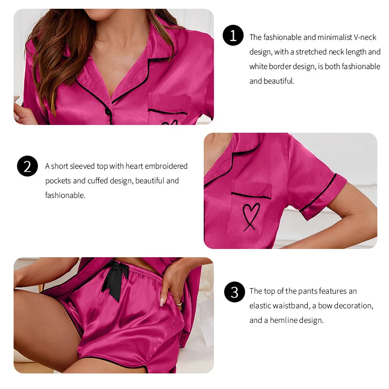 Women’s Heart Embroidered Pajama Set – Short Sleeve Button-Down & Shorts Style Heaven