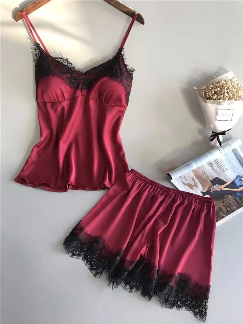 Sexy Lace Halter Pajama Set – 2-Piece Camisole & Shorts Sleepwear Style Heaven