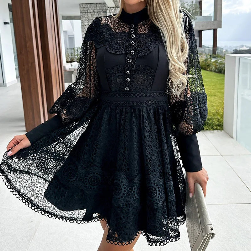 Spring Summer Women's Solid O-Neck Mini Dress – Fashion Hollow Out Lantern Sleeve Party Dress Style Heaven
