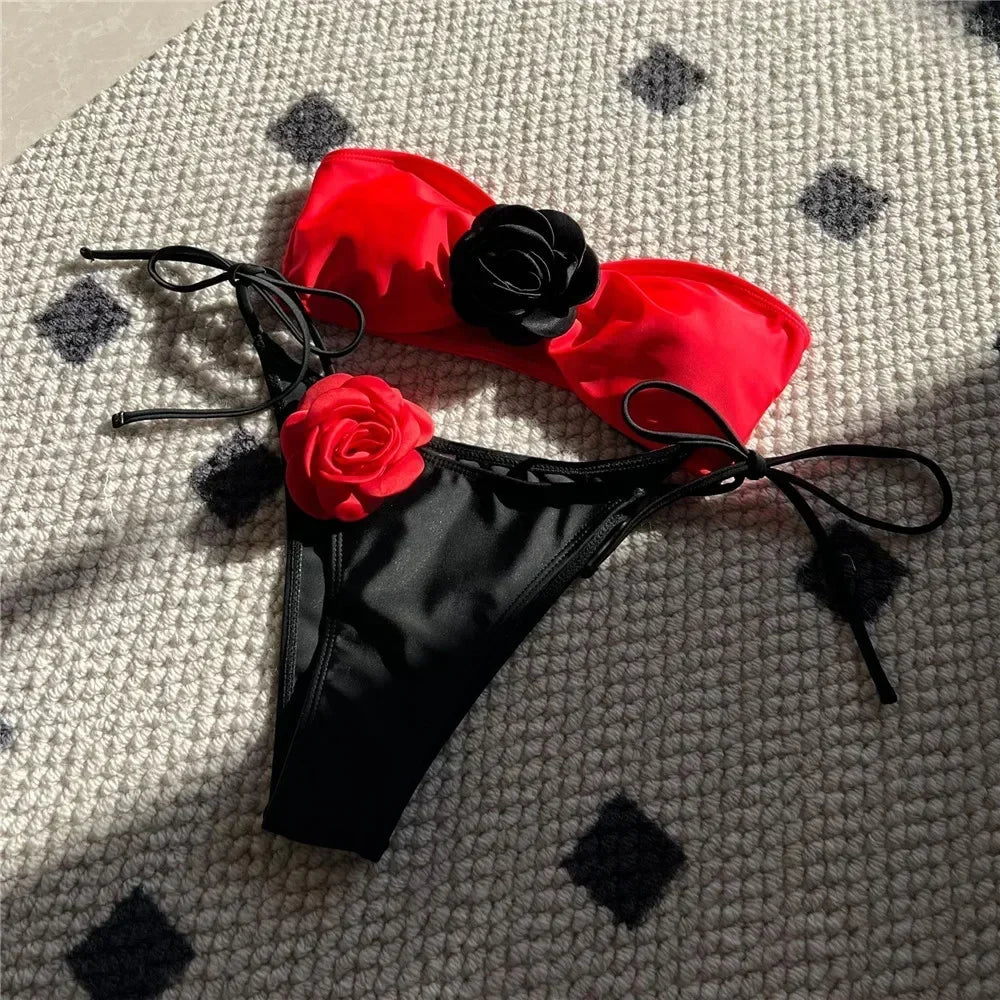 Sexy Flower Bandeau Swimwear Thong Bikini – Lace-Up Brazilian Bikinis Set for Women Style Heaven
