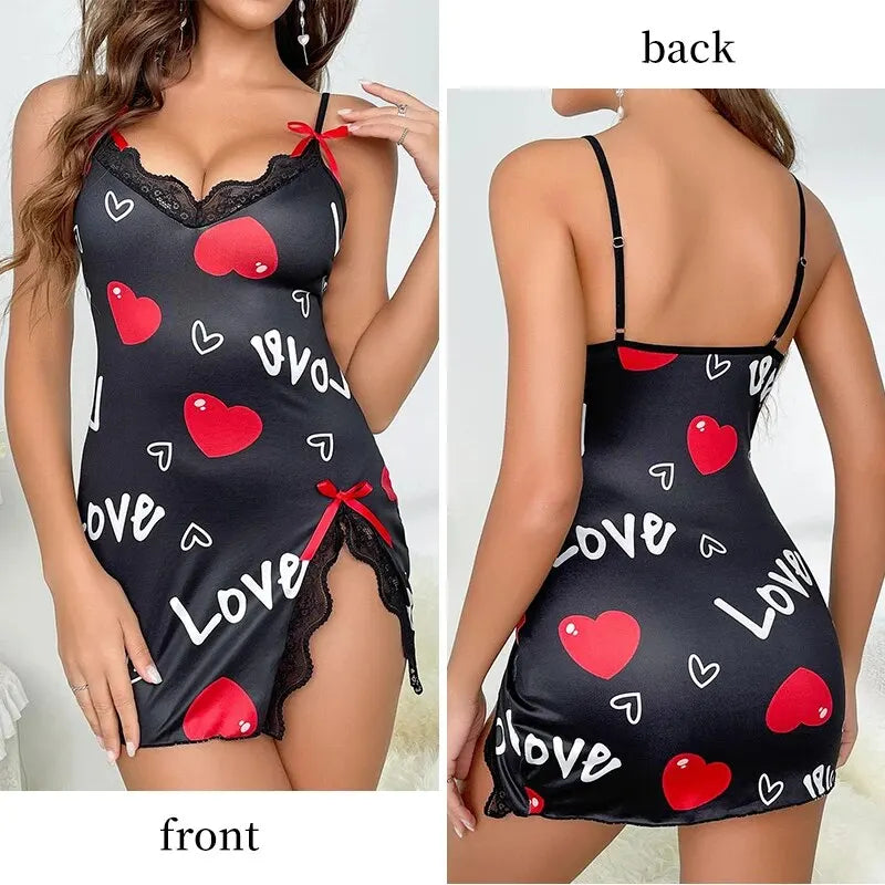 Romantic Lace-Trim V-Neck Sleepwear – Love Letter Print Mini Nightdress Style Heaven