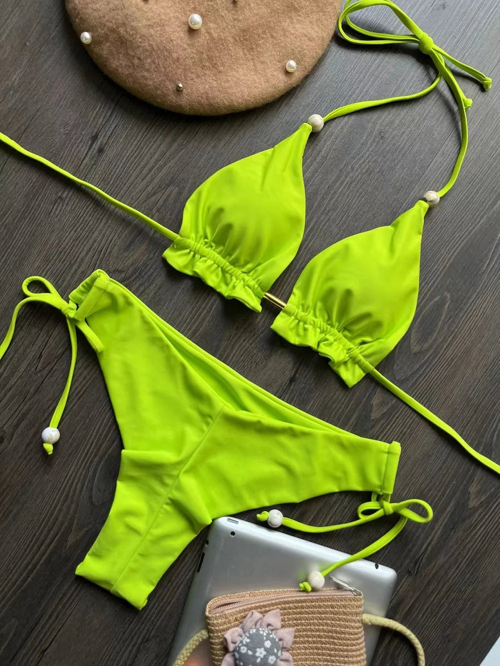 Sexy Triangle Bathing Suit for Women – Brazilian Bikini Halter Swimwear with Push Up and Metal Chain Details Style Heaven