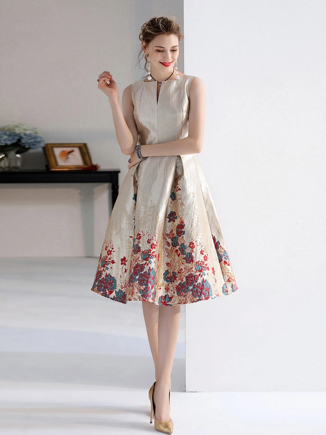 Luxury Women’s Jacquard A-Line Ball Gown – Sleeveless Summer Midi Party Dress Style Heaven