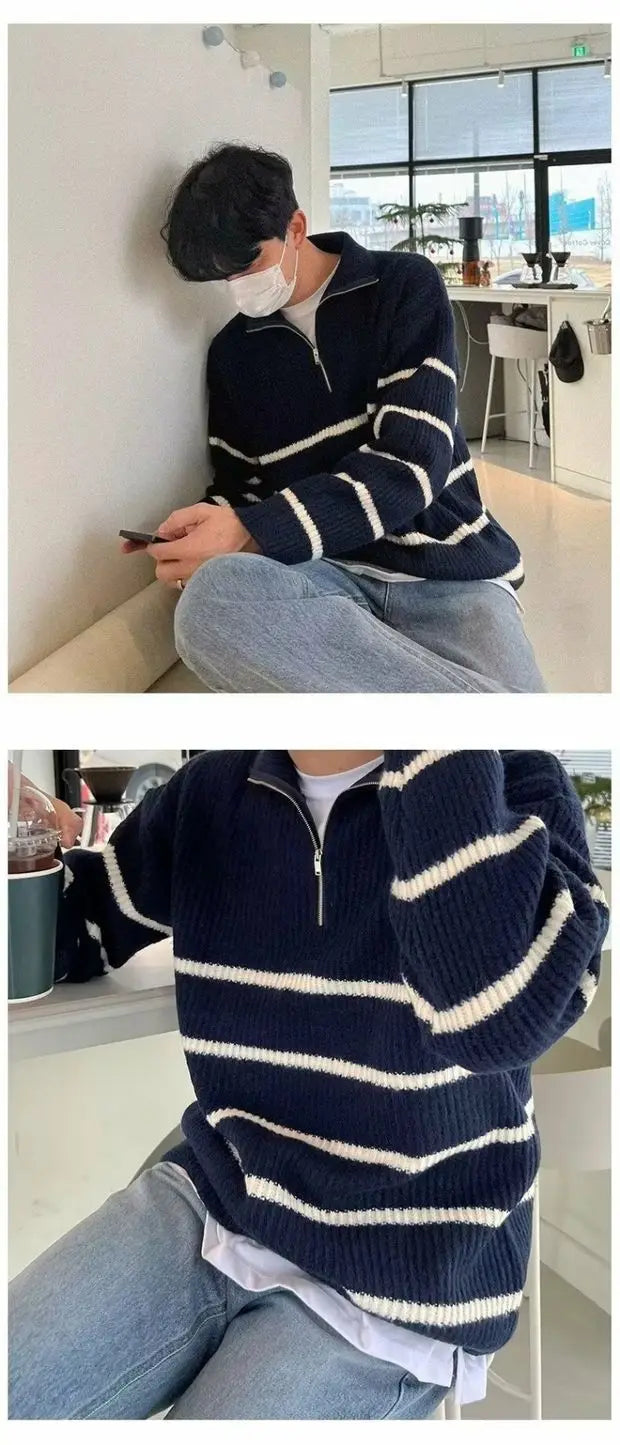 Men’s Korean-Style Striped Knitted Sweater – Mid High Collar Slim Fit Long Sleeve Casual Hoodie - Style Heaven