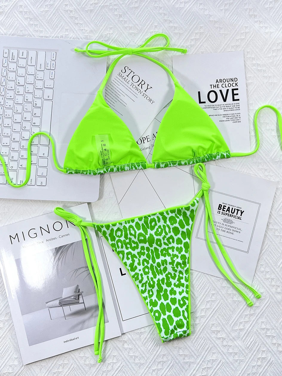 2024 Sexy Leopard Micro Bikini – Women’s Brazilian Halter Swimwear Set with Lace-Up Design Style Heaven