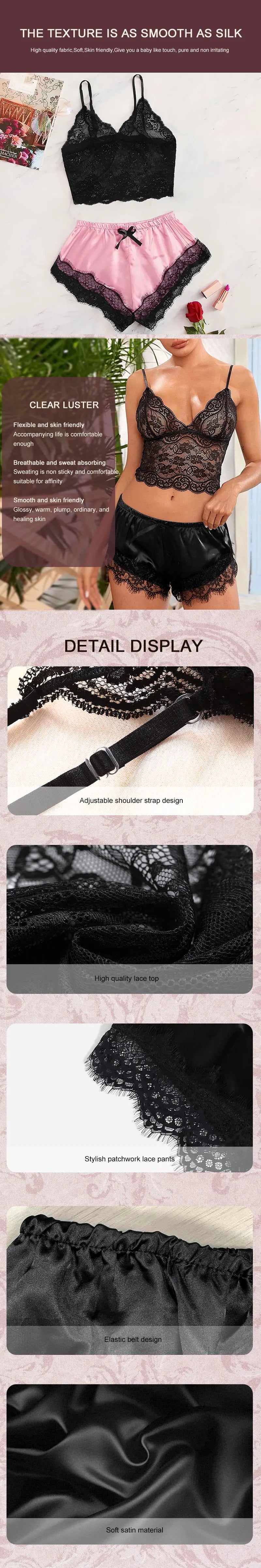 Sexy Lace See-Through Pajama Set – Breathable Suspender Shorts Sleepwear Style Heaven