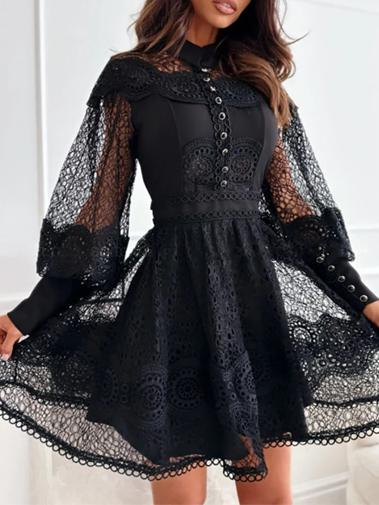 Spring Summer Women's Solid O-Neck Mini Dress – Fashion Hollow Out Lantern Sleeve Party Dress Style Heaven