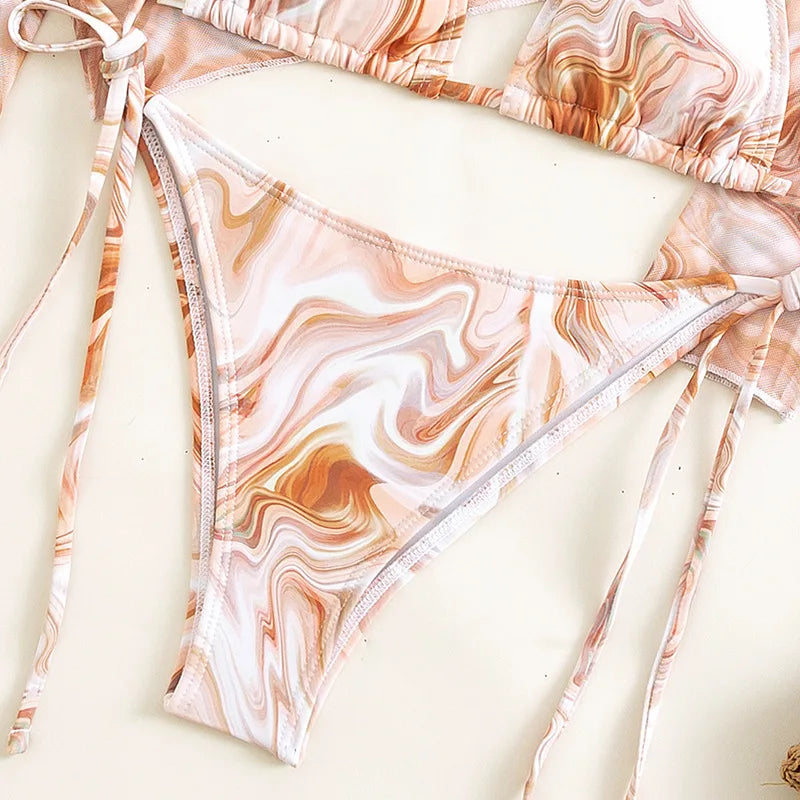 Leopard Print 3-Piece Micro Bikini Set – Halter Top, Low Waist Bottoms & Cover-Up - Style Heaven