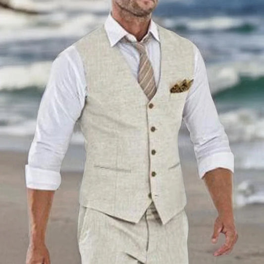 Men’s Beige Linen Suit Vest – Summer Beach Wedding Waistcoat, V-Neck, Lightweight & Stylish Formalwear Style Heaven