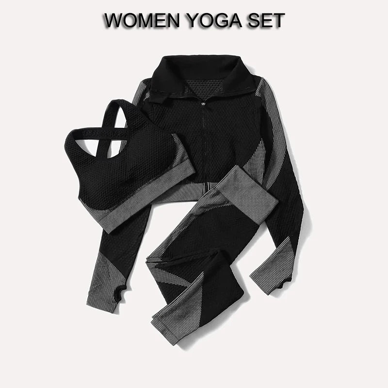 2/3Pcs Women’s Seamless Yoga Suit – Knitted Leggings & Zipper Crop Top Fitness Sportswear Gym Set Style Heaven
