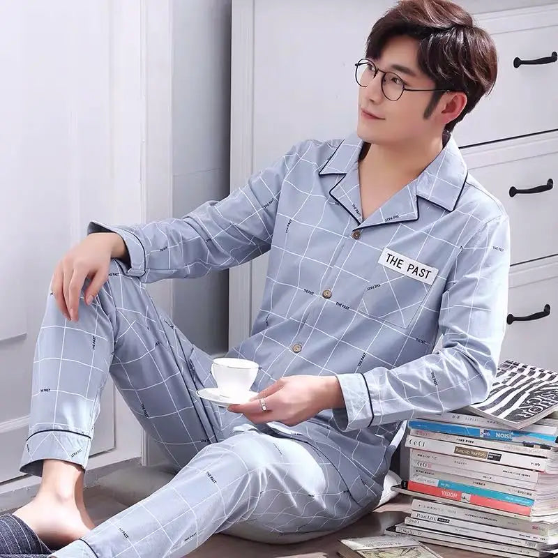Men's Cotton Pajama Set – Long-Sleeve Shirt & Trousers Casual Homewear for Spring & Summer Style Heaven