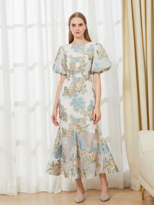 Elegant Floral Organza Fishtail Long Dress – Luxury Mermaid Evening Dresses Puff Sleeve Bodycon Party Club Dress Style Heaven
