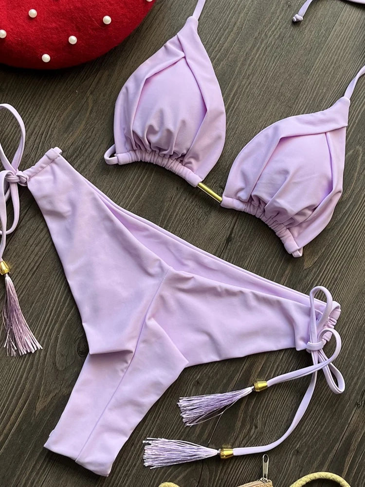 Sexy Triangle Bathing Suit for Women – Brazilian Bikini Halter Swimwear with Push Up and Metal Chain Details Style Heaven