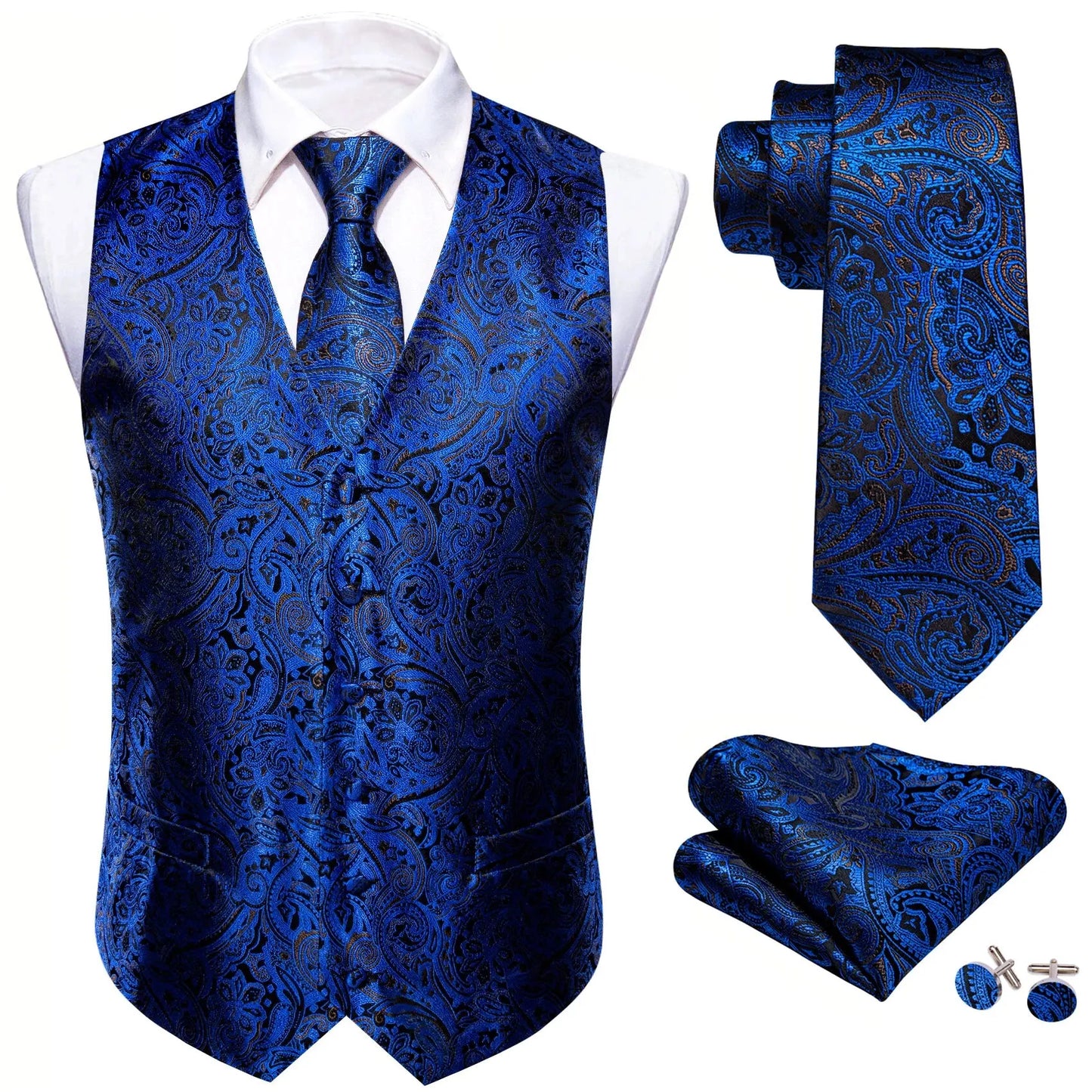 Men’s Jacquard Suit Vest 4-Piece Set – Waistcoat with Tie, Pocket Square & Cufflinks Style Heaven