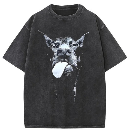 Men’s Gothic Dog Print T-Shirt – Vintage Washed Oversized Streetwear Tee - Style Heaven