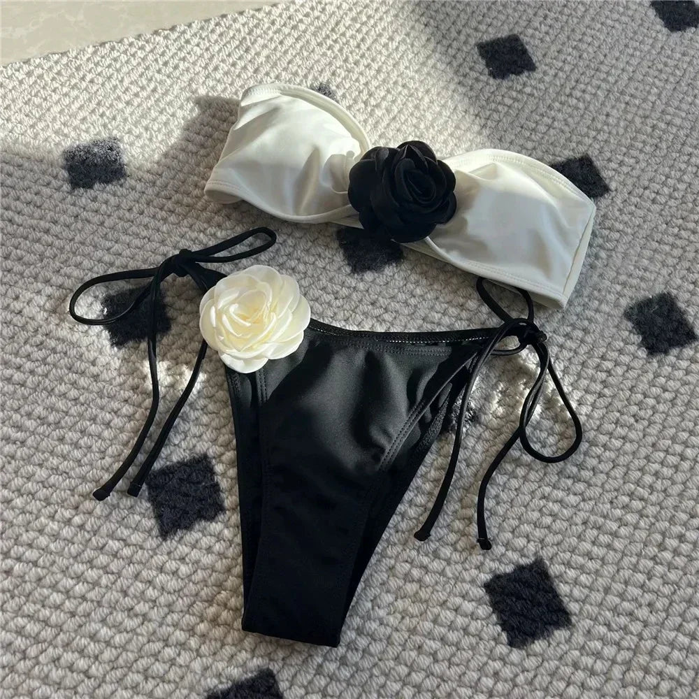 Sexy Flower Bandeau Swimwear Thong Bikini – Lace-Up Brazilian Bikinis Set for Women Style Heaven