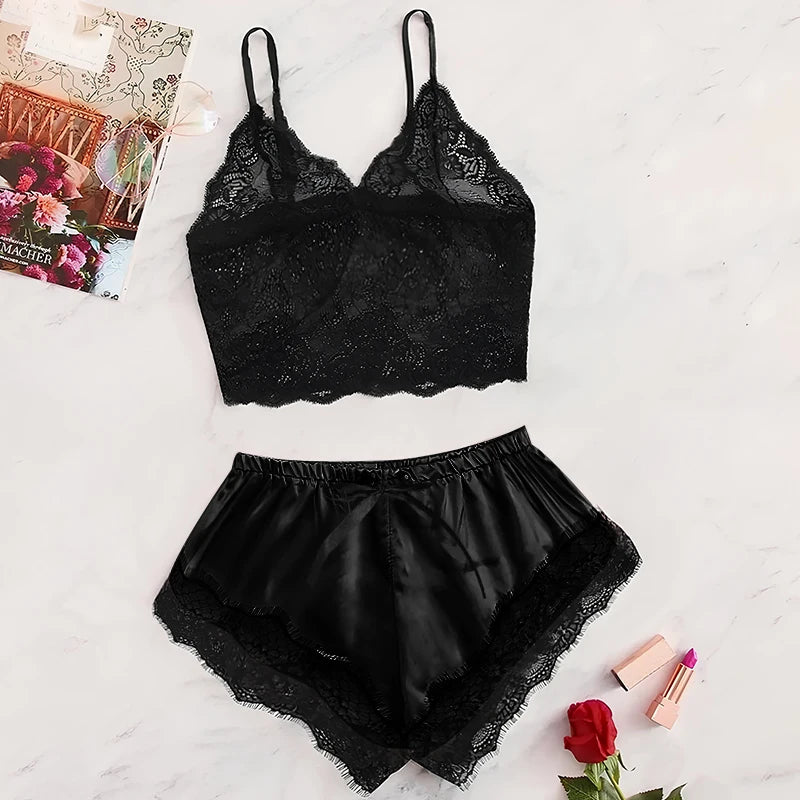 Sexy Lace See-Through Pajama Set – Breathable Suspender Shorts Sleepwear Style Heaven