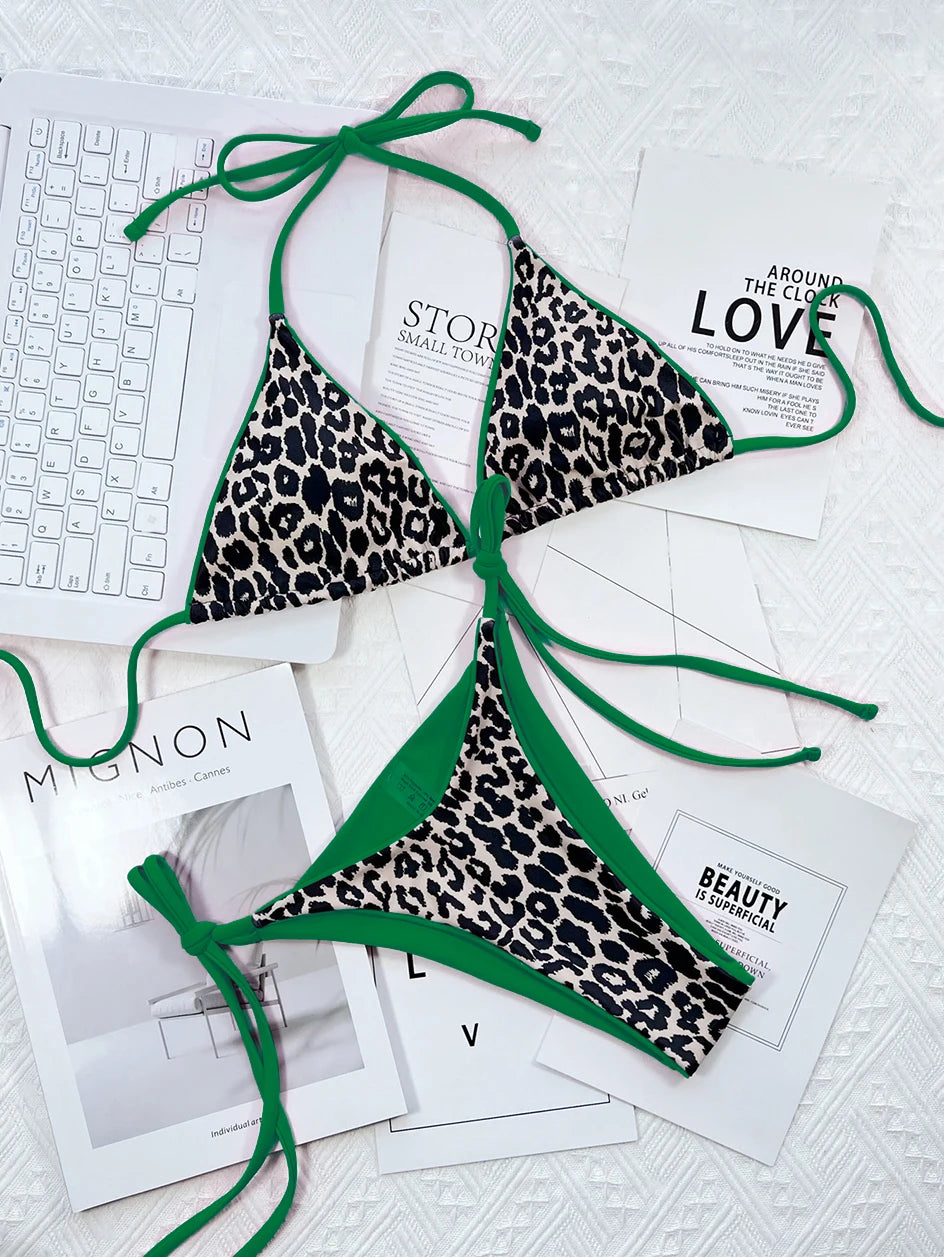 2024 Sexy Leopard Micro Bikini – Women’s Brazilian Halter Swimwear Set with Lace-Up Design Style Heaven