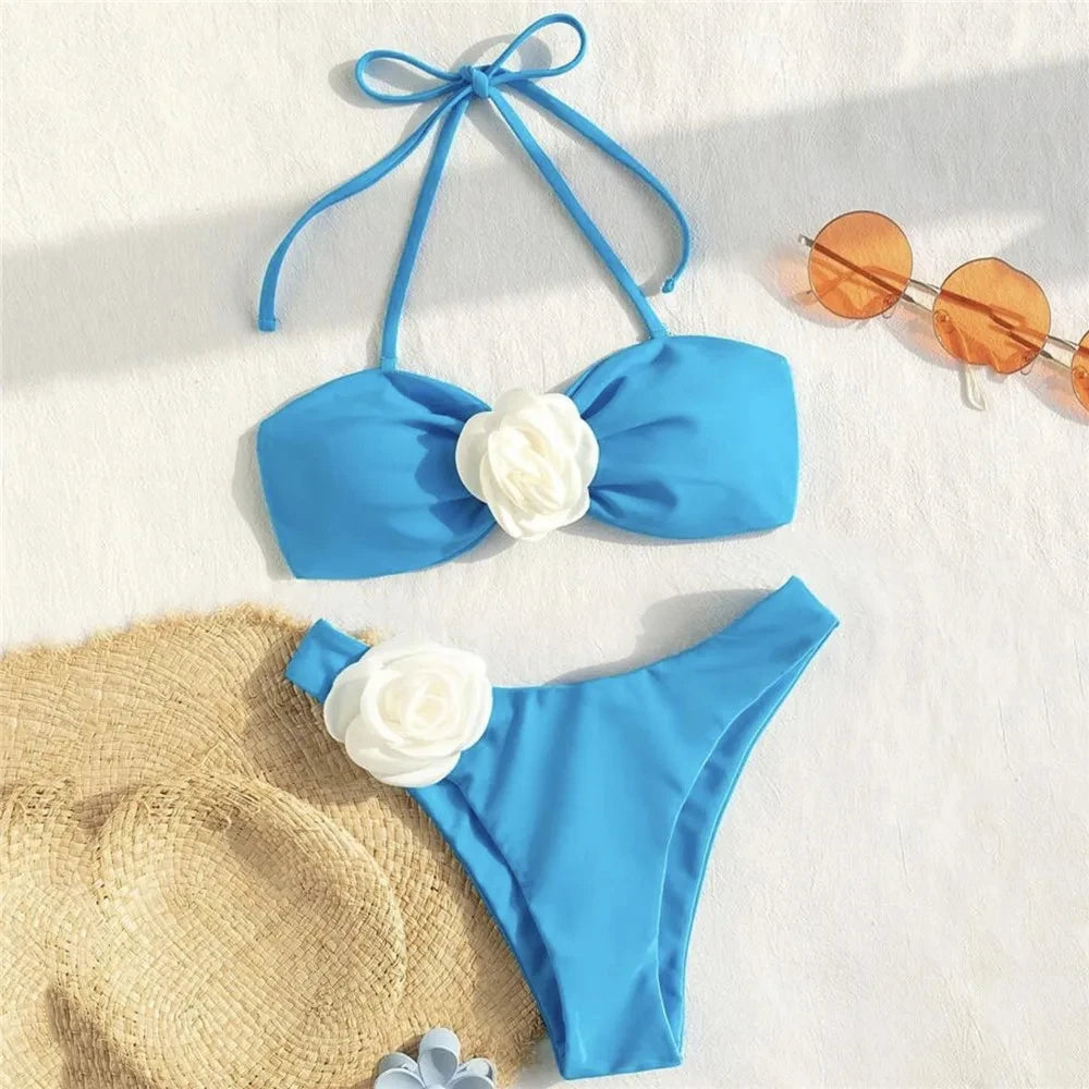 Sexy Flower Bandeau Swimwear Thong Bikini – Lace-Up Brazilian Bikinis Set for Women Style Heaven