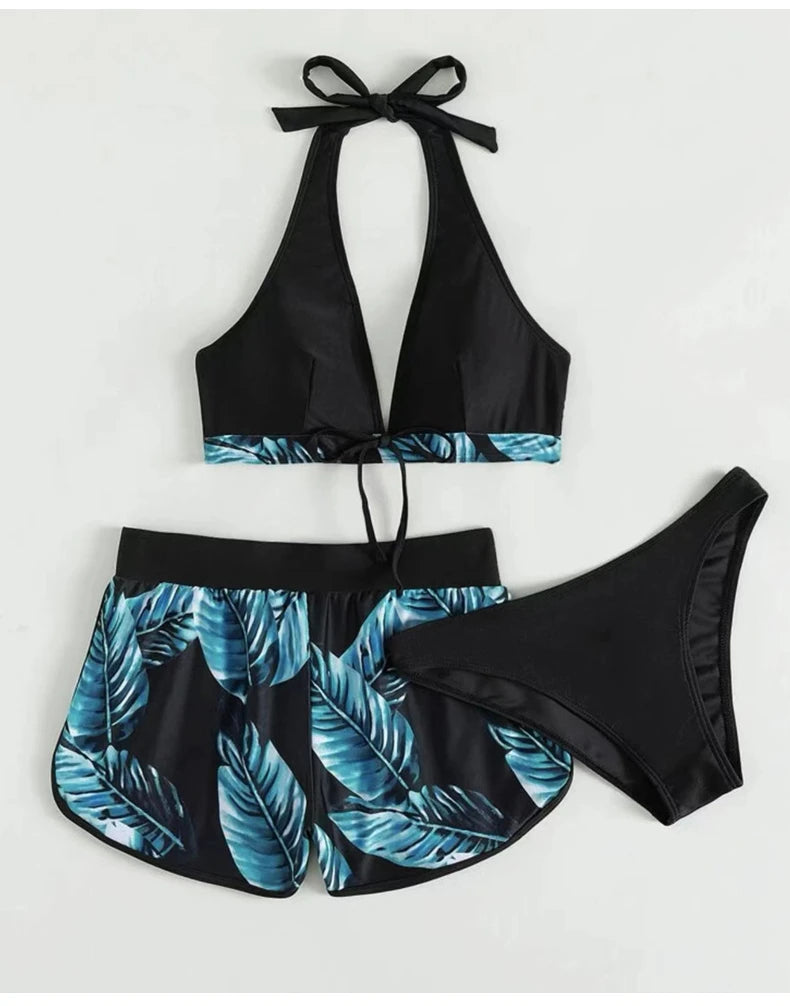 Women’s Sexy Leaf Print 3-Piece High Waist Bikini Set – Stylish Beach Swimwear Style Heaven
