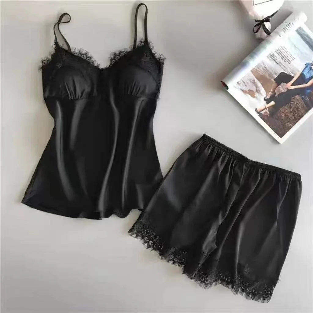 Sexy Lace Halter Pajama Set – 2-Piece Camisole & Shorts Sleepwear Style Heaven