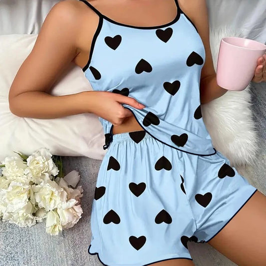 Pink Heart Print Pajama Set – Comfy Ice Silk Summer Sleepwear Style Heaven