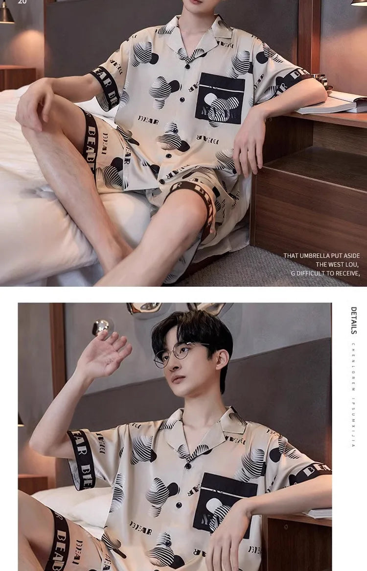 Men’s Ice Silk Pajama Set – Short-Sleeve & Shorts Summer Sleepwear Style Heaven