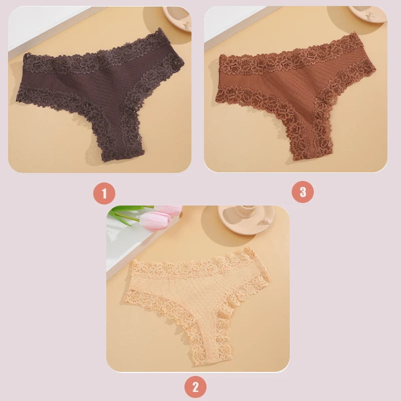 3PCS Women's Lace Seamless Cotton Panties – Ribbed Brazilian Low Waist Underwear, Breathable & Plus Size Lingerie Style Heaven