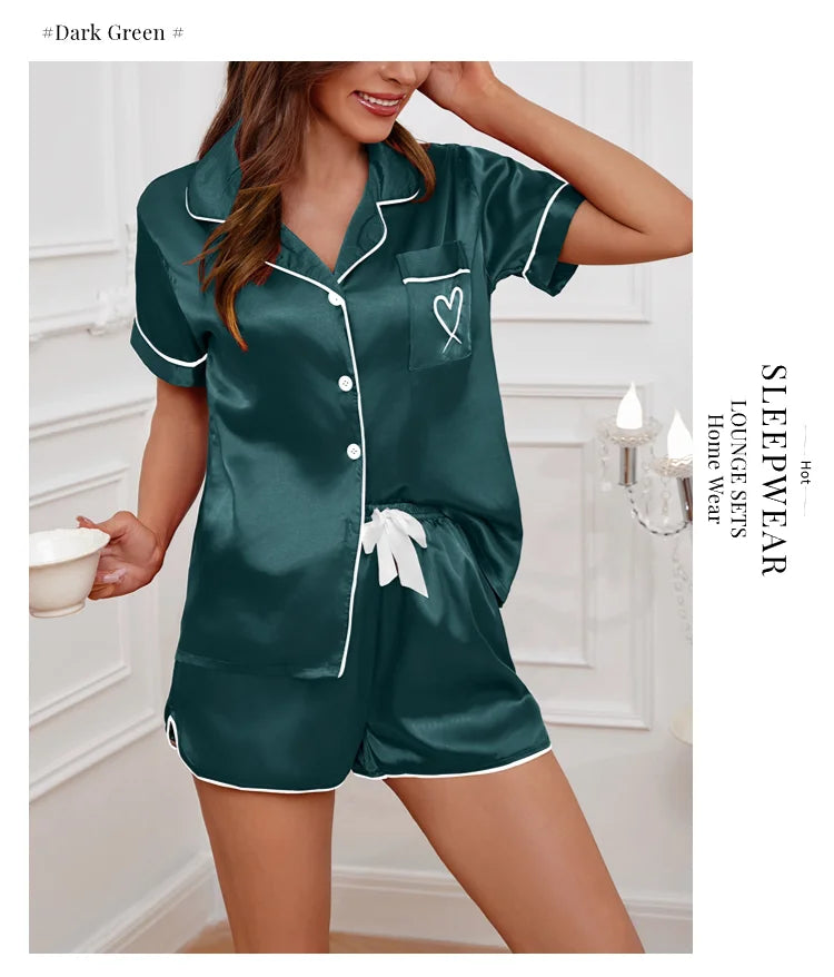 Women’s Heart Embroidered Pajama Set – Short Sleeve Button-Down & Shorts Style Heaven