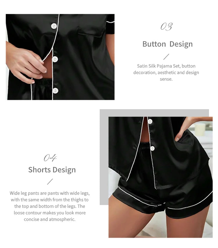 Silk Satin Pajama Set – Button-Down Top & Shorts 2-Piece Sleepwear Style Heaven