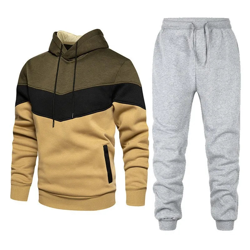 Men’s Autumn & Winter Sportswear Set – 3-Color Block Hoodie & Sweatpants Style Heaven