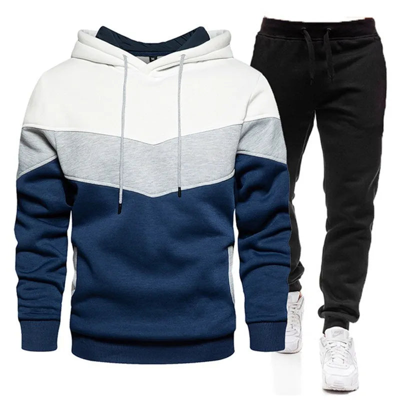 Men’s Autumn & Winter Sportswear Set – 3-Color Block Hoodie & Sweatpants Style Heaven