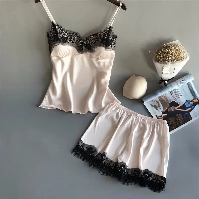 Sexy Lace Satin Pajama Set – V-Neck Babydoll Sleepwear with Bowknot Style Heaven