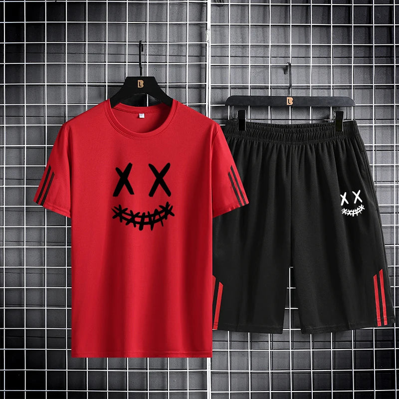 Three-Bar Trendy Men's Sports Set – Smiling Face Print Mesh T-Shirt & Pants Style Heaven