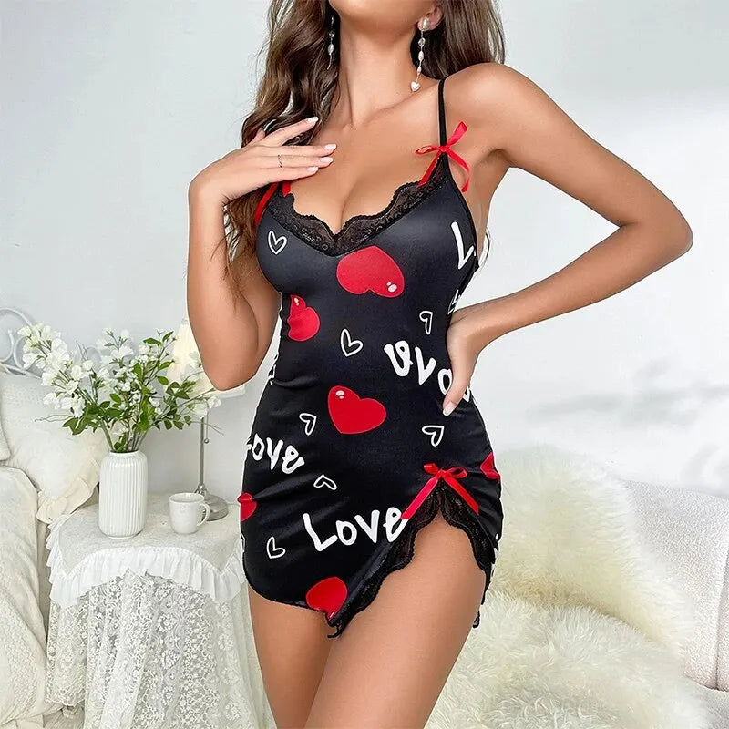 Romantic Lace-Trim V-Neck Sleepwear – Love Letter Print Mini Nightdress Style Heaven