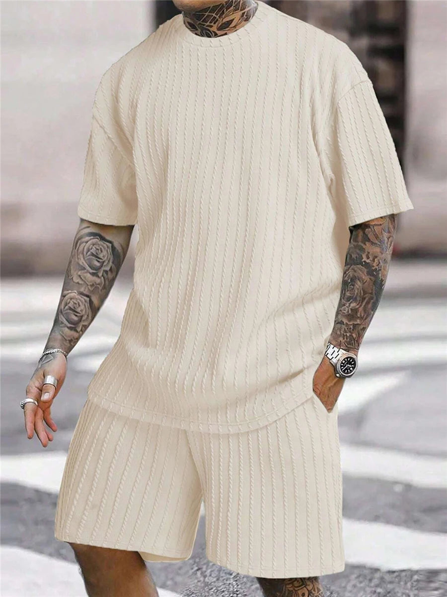 Men’s Two-Piece Summer Set – Solid Stripe T-Shirt & Shorts Casual Gym Streetwear Style Heaven
