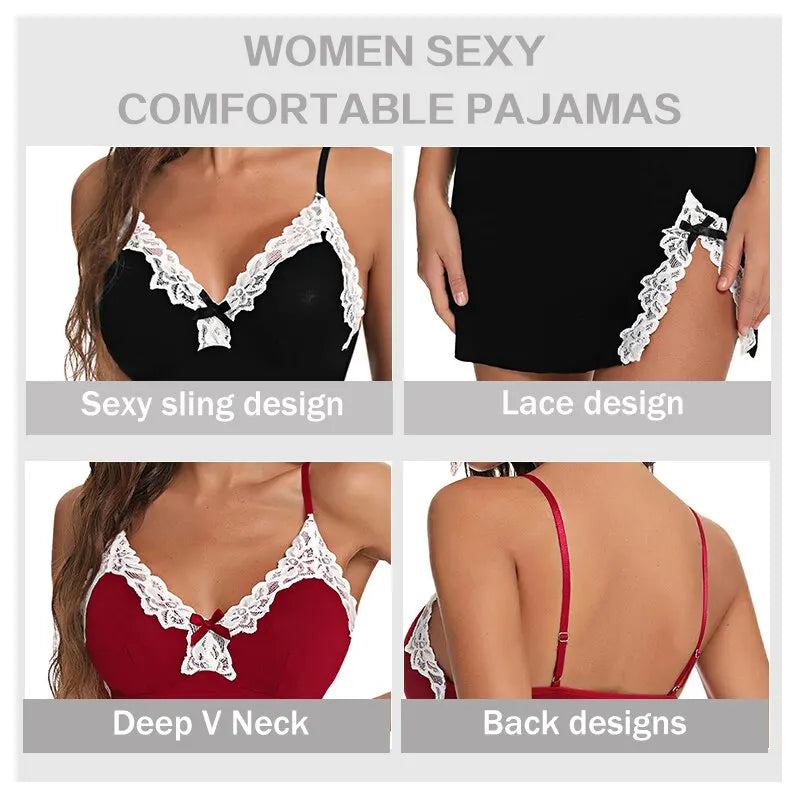 Sexy Lace Silk Satin Nightgown – V-Neck Split Hem Sleepwear Style Heaven
