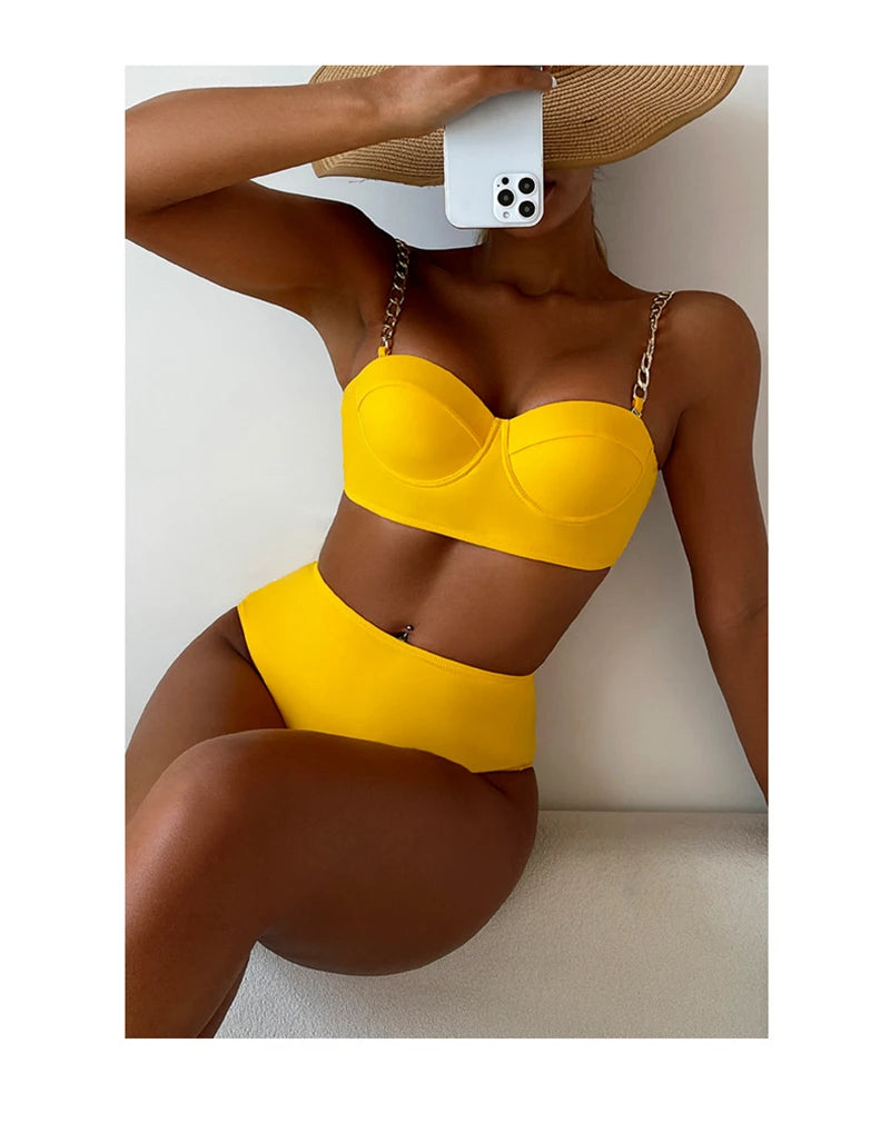 7 Colors High Waist Bikini Set – Padded Wrap Top with Chain Shoulder Straps – Fluorescent Green/Black/Bright Orange Style Heaven