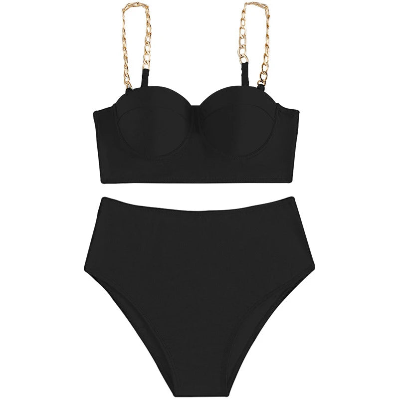 7 Colors High Waist Bikini Set – Padded Wrap Top with Chain Shoulder Straps – Fluorescent Green/Black/Bright Orange Style Heaven