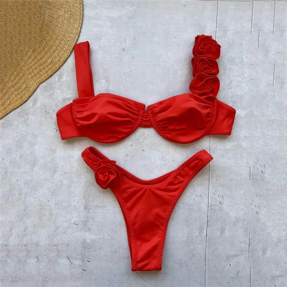 Sexy 3D Flower Shiny Pink Push-Up Bikini – Underwired High-Cut Bathing Suit with Wrinkled Detailing – 2025 Swimwear Set Style Heaven