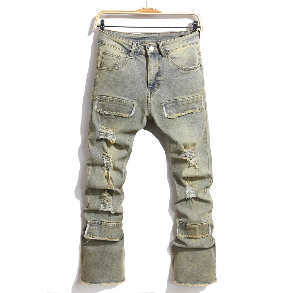 Men’s Retro Ripped Spliced Slim Jeans – Hip-Hop Streetwear Denim - Style Heaven