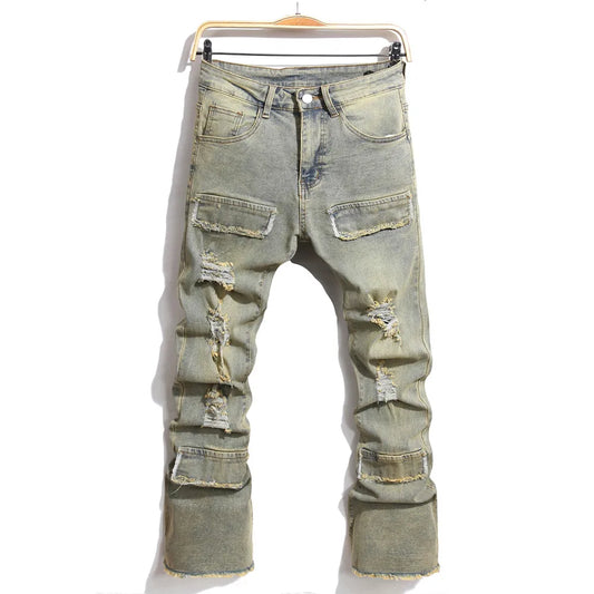 Men’s Retro Ripped Spliced Slim Jeans – Hip-Hop Streetwear Denim - Style Heaven