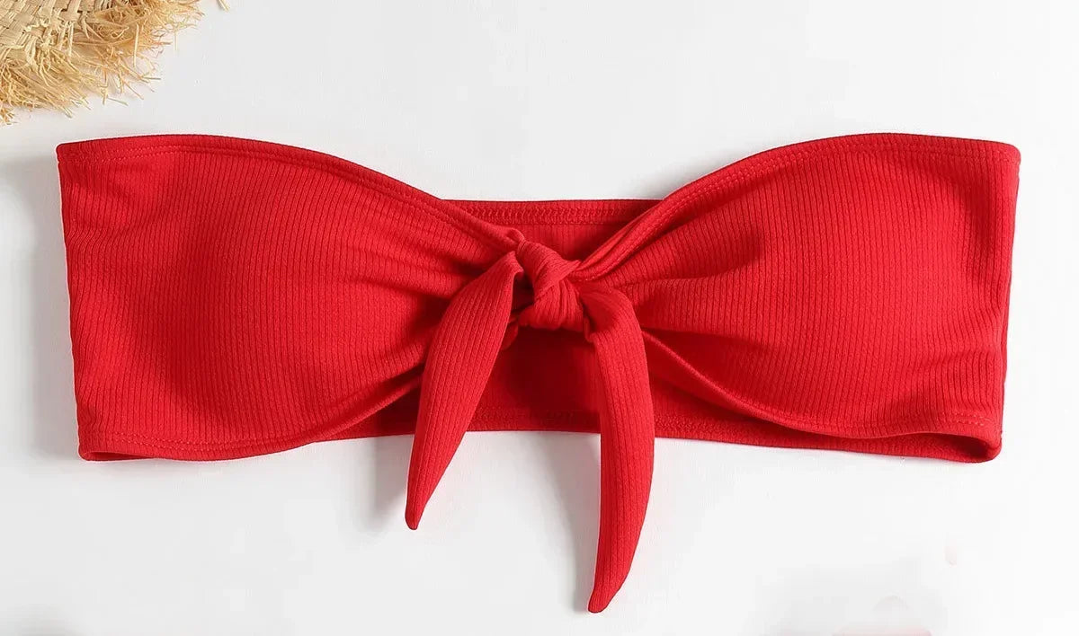Women’s Sexy Tube Top Bow Split Bikini Swimsuit – Stylish Swimwear with High-Waisted Bottoms Style Heaven