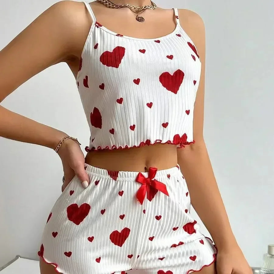 Heart Print Backless Pajama Set – Cute & Comfy Summer Loungewear Style Heaven