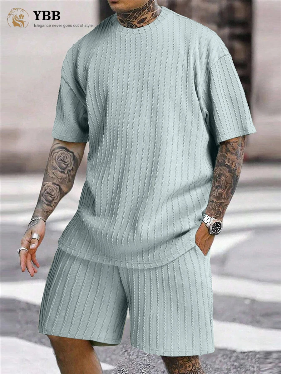 Men’s Two-Piece Summer Set – Solid Stripe T-Shirt & Shorts Casual Gym Streetwear Style Heaven