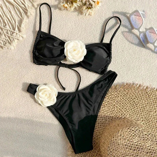 Sexy Flower Bandeau Swimwear Thong Bikini – Lace-Up Brazilian Bikinis Set for Women Style Heaven