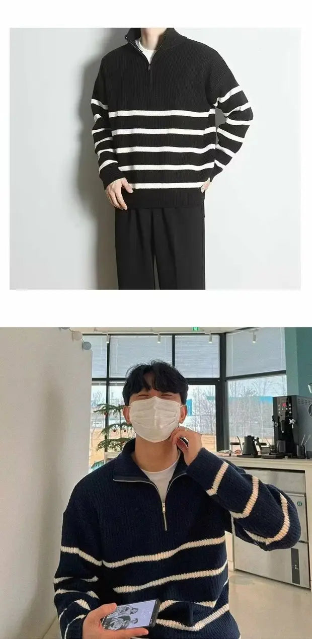 Men’s Korean-Style Striped Knitted Sweater – Mid High Collar Slim Fit Long Sleeve Casual Hoodie - Style Heaven